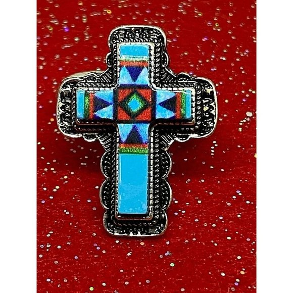 Southwest Cross Silver Turquoise Red Black Stretch - Picture 2 of 7